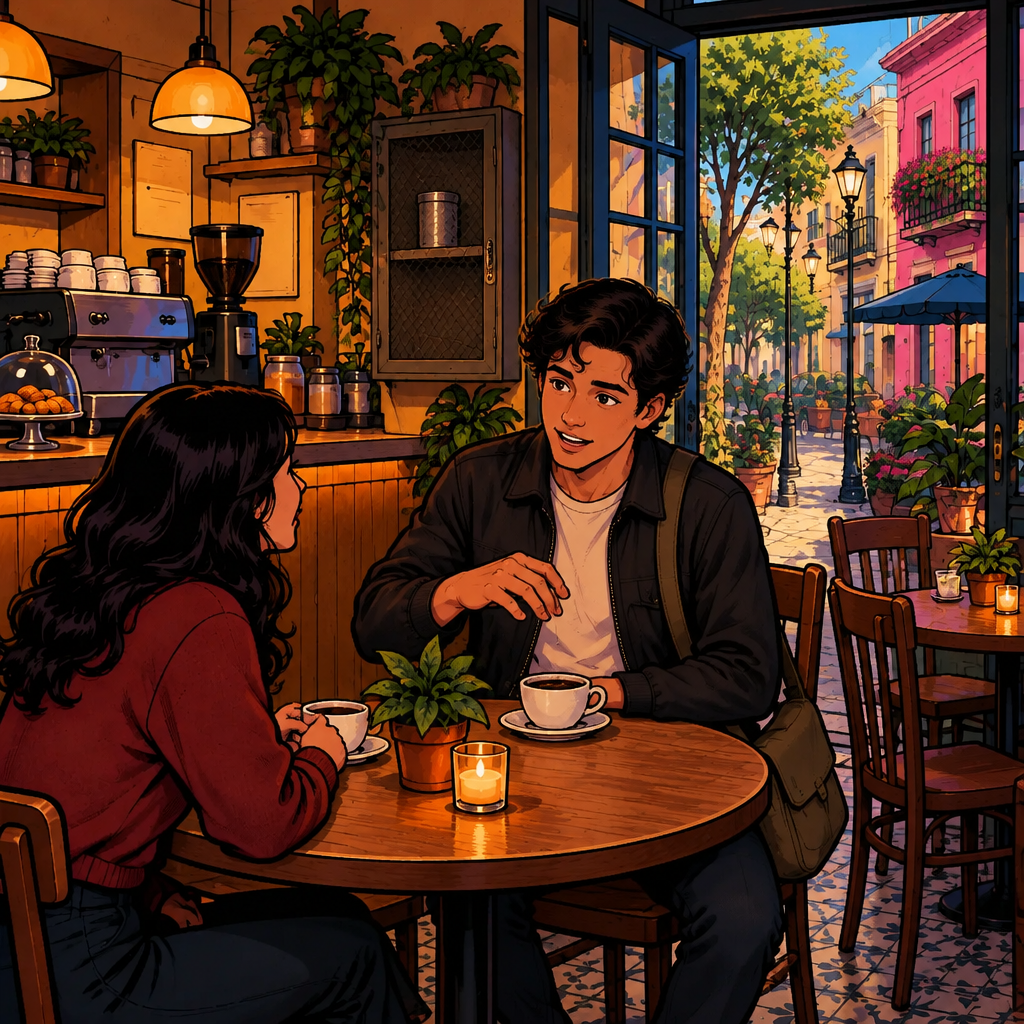 Justin thoughtfully gestures around the coffee as he explains that he turned the choice over, while Alex listens attentively.
