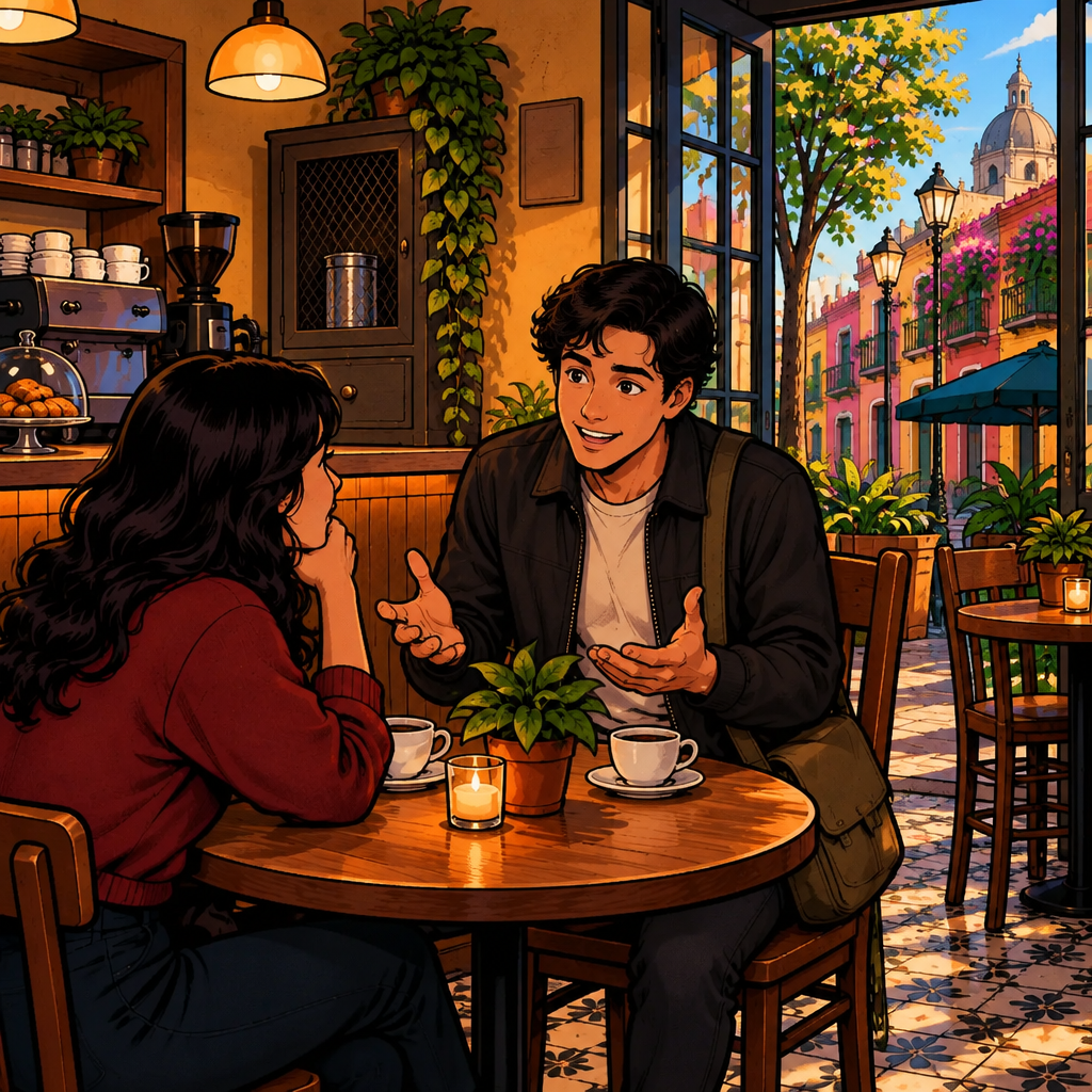 Justin openly explains that he changed his mind because he has reconsidered, while Alex watches him across the coffee.