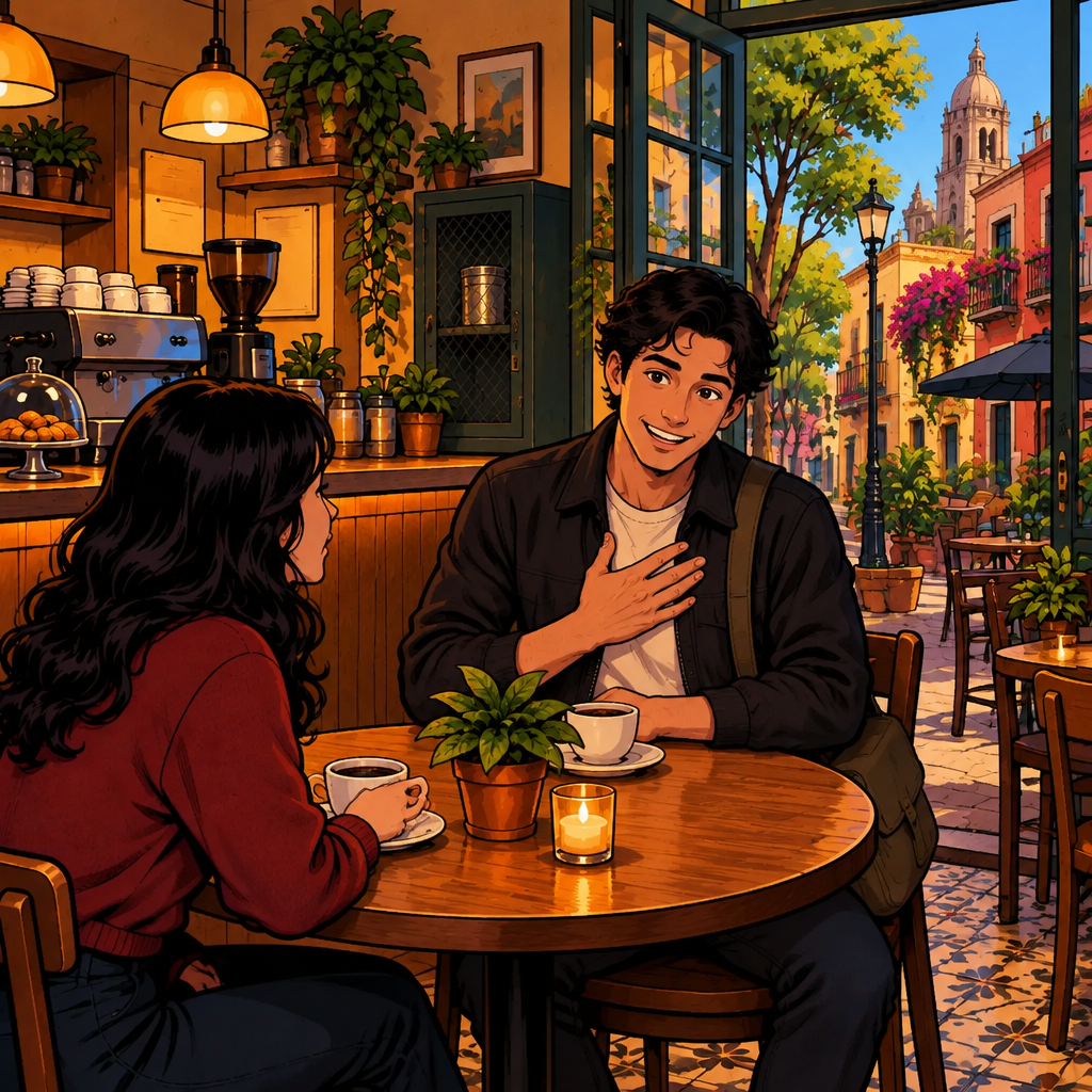 Justin gratefully acknowledges Alex's patience with a warm gesture across the table.