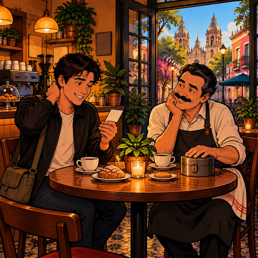 Justin and Michael share a café table beneath a blue sky visible through the windows, with Michael guarding an empty locked tin and Justin holding a mysterious card while the old joke creates uneasy amusement.