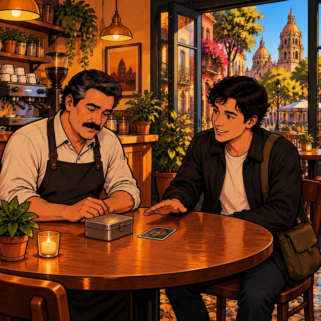 Justin slides the mysterious card toward the center and makes a calm closing gesture, while Michael turns away from the joke and rests both hands near the tin.
