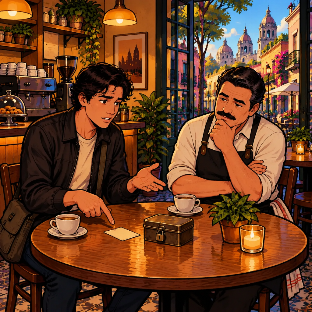 Justin points first toward the card and then toward the closed tin with two questioning gestures, while Michael considers the choice with his arms folded.