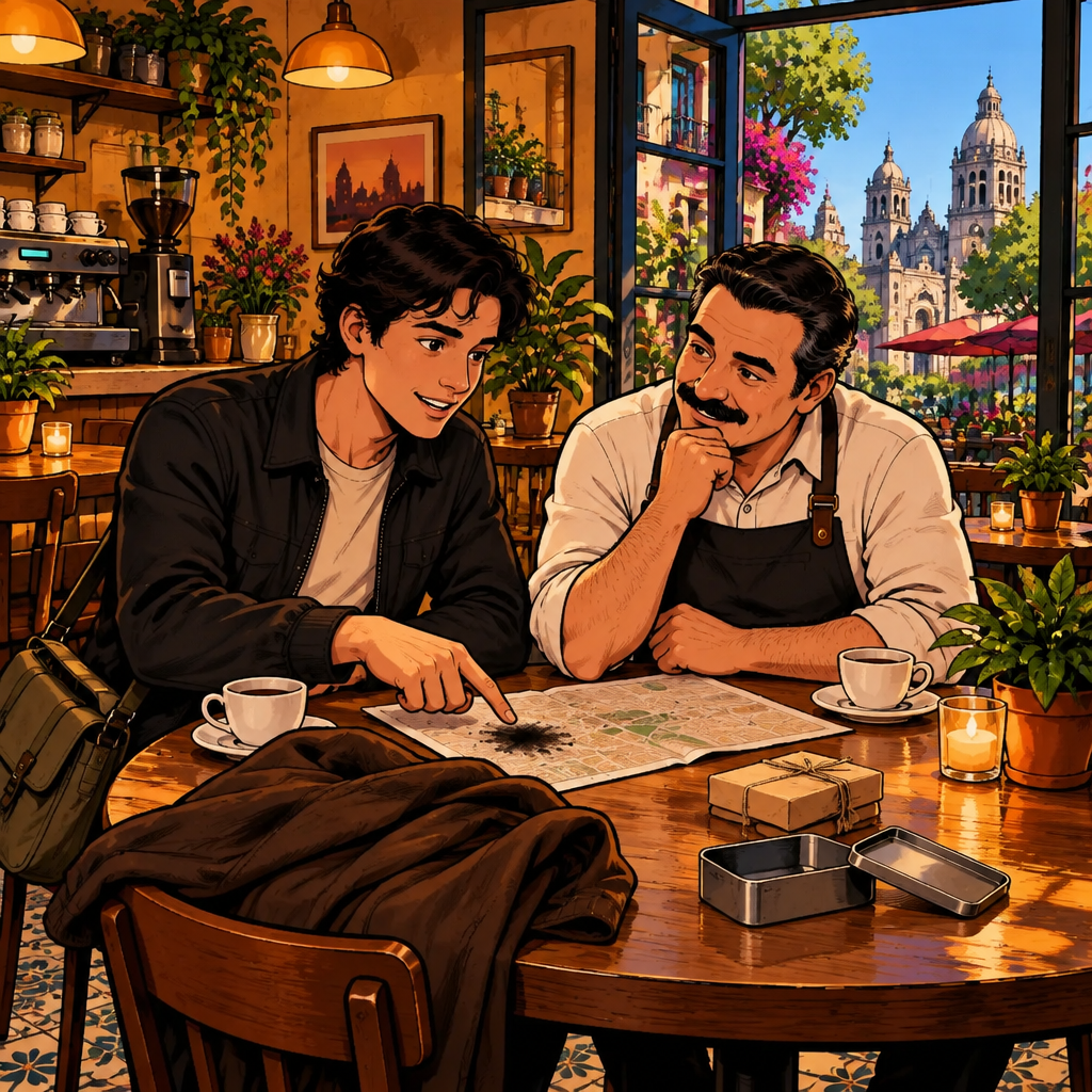 Justin and Michael compare notes at a Café Laurel table with a coat, an empty tin, a dark smudge, and one carefully wrapped object visible.