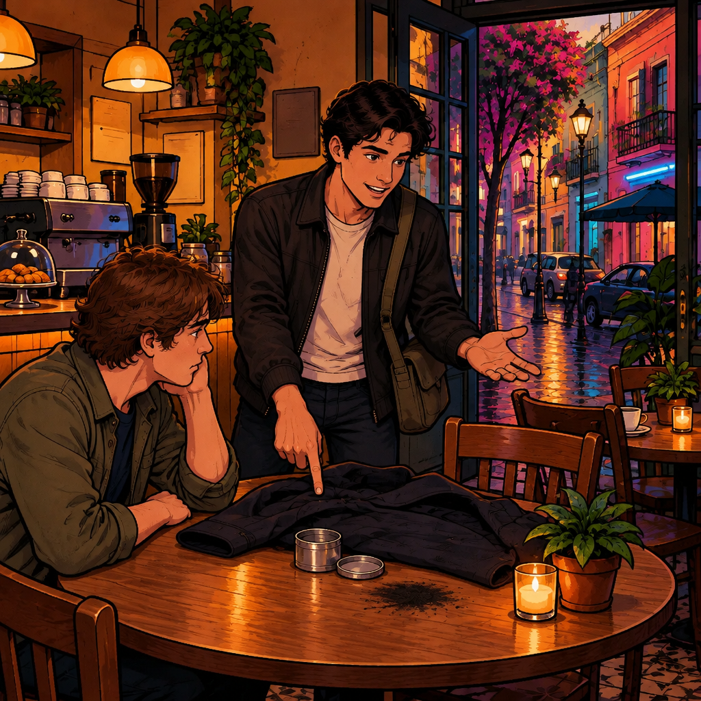 Justin confidently points to the coat, empty tin, and dark smudge while Michael watches him closely.