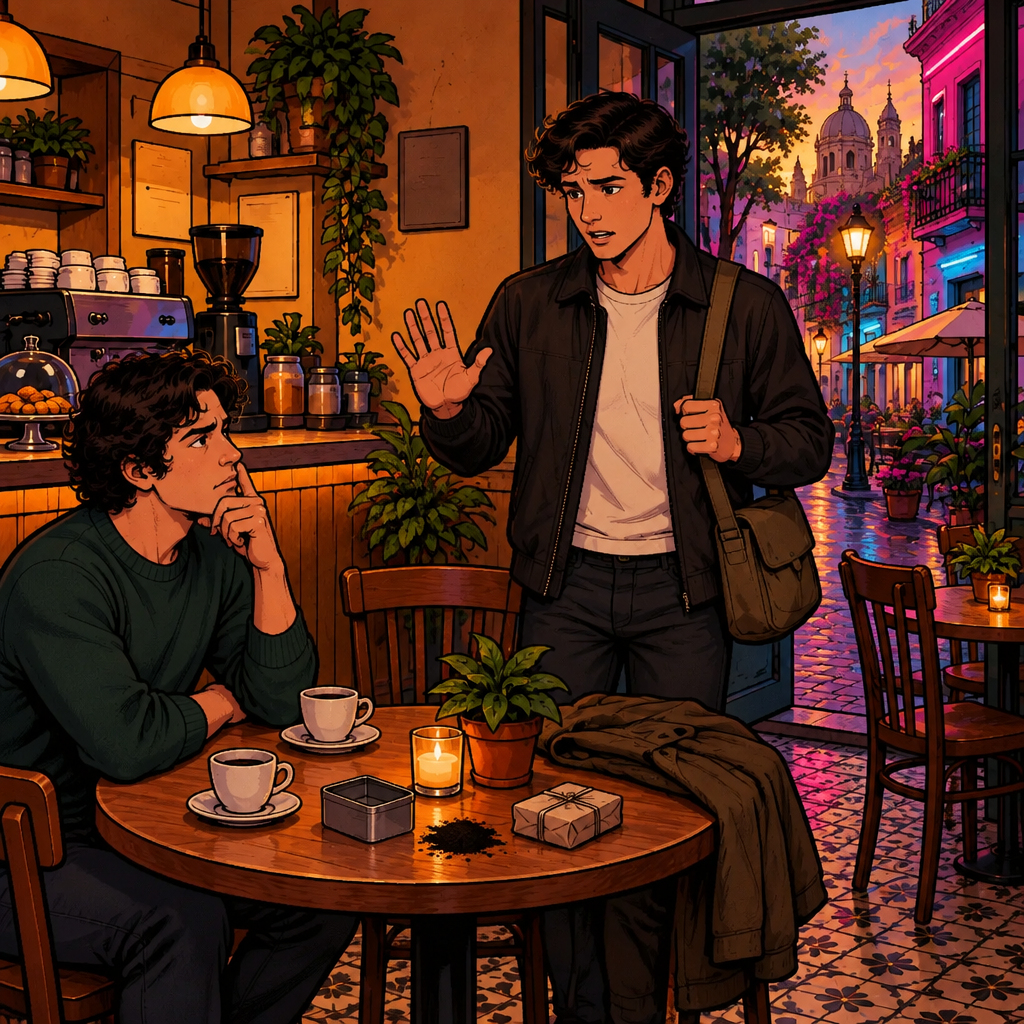 Justin raises one hand in a solemn cautioning gesture while Michael looks doubtful beside the table.