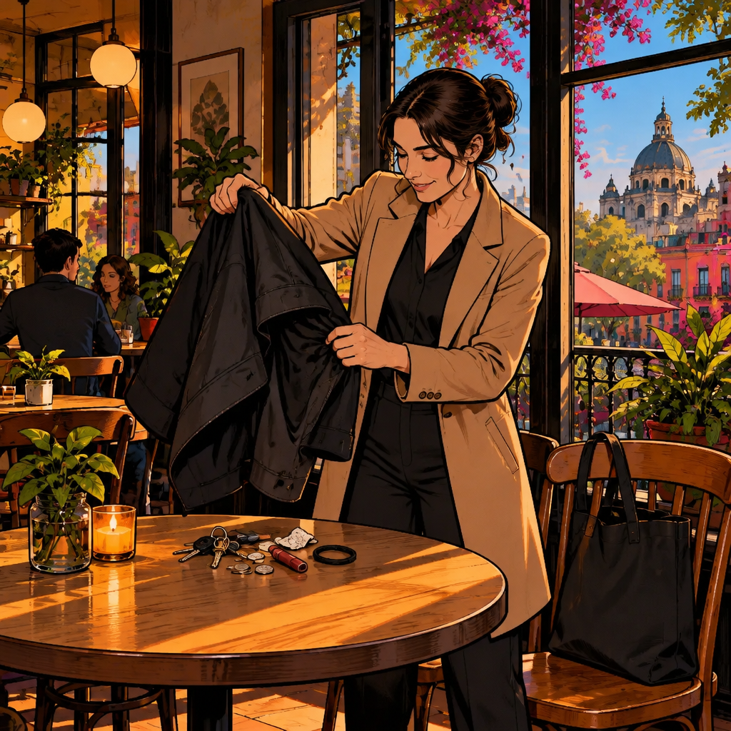 Amanda turns a coat inside out and empties its pockets onto the café table as the practical action she can guarantee.