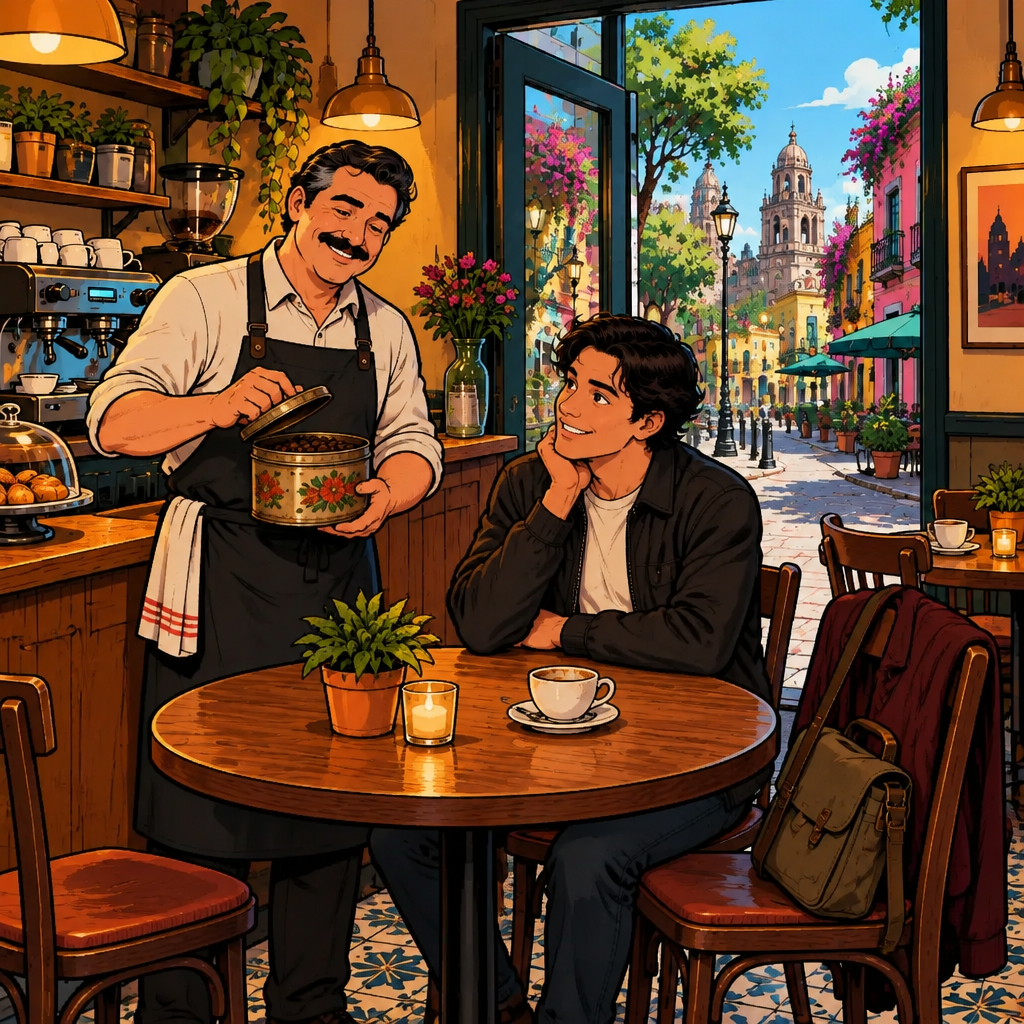 Michael opens an old coffee tin while Justin remains at the café table beside an almost-finished cup and an open door.