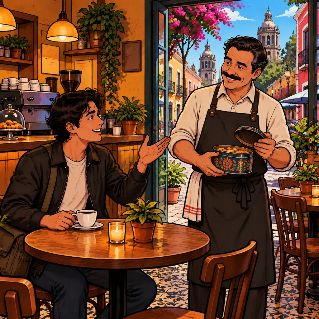 Justin lifts one hand in a warm gesture of gratitude toward Michael across the café table.