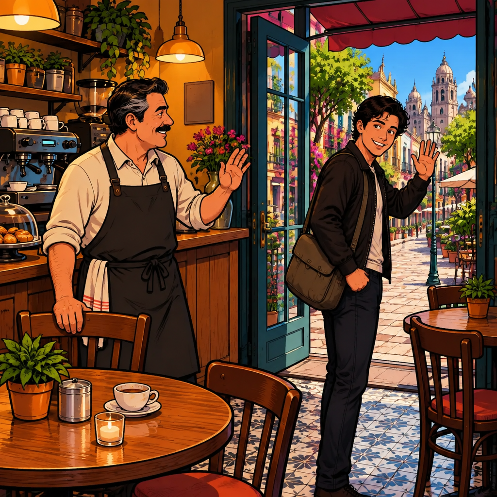 Justin gestures toward the open café door in a friendly goodbye while Michael turns to acknowledge him.