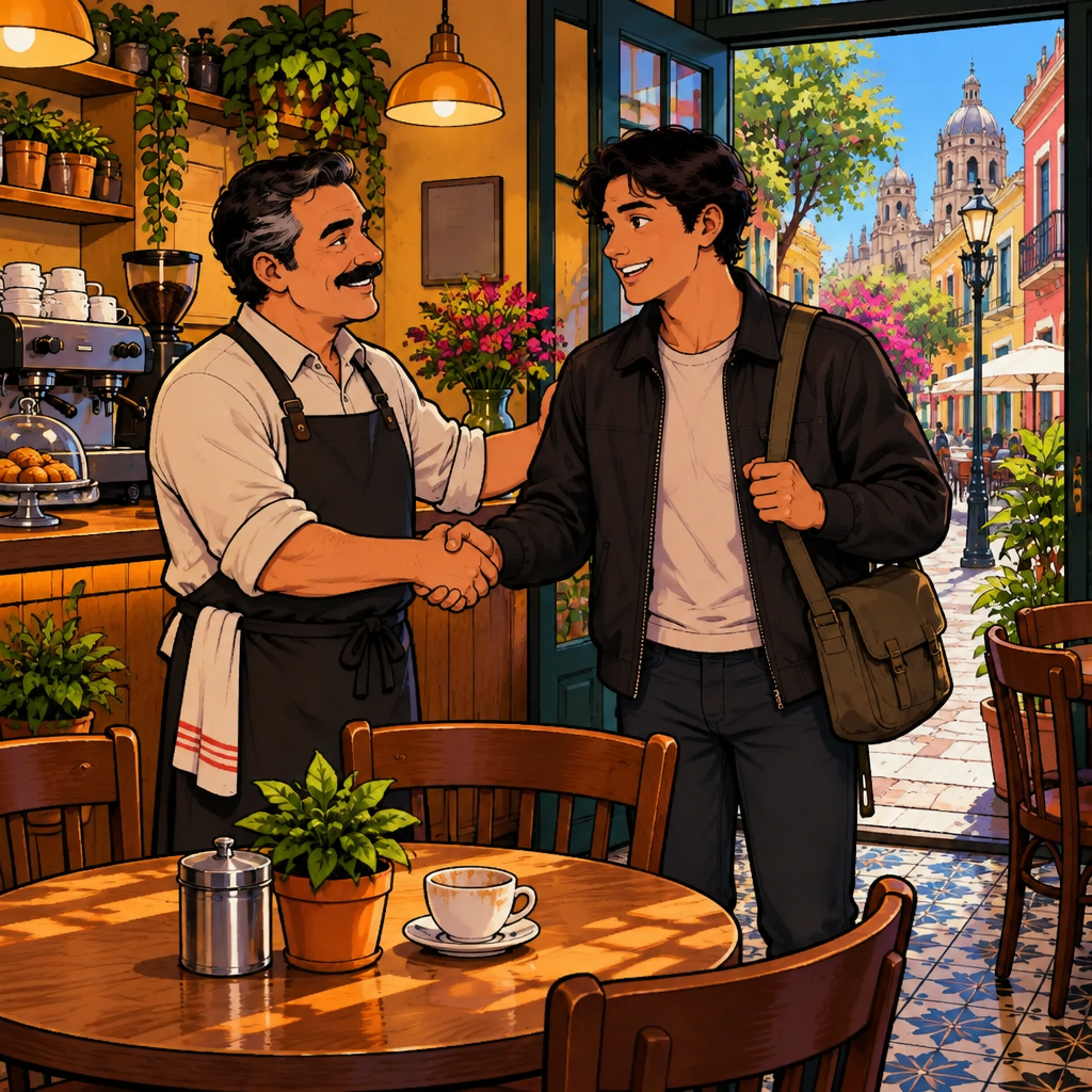 Justin smiles warmly at Michael and offers a final appreciative handshake beside the café table.
