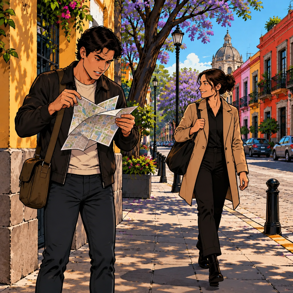 Justin stands puzzled at an El Laurel street corner with a collapsing paper map while Amanda walks past on her way to work.