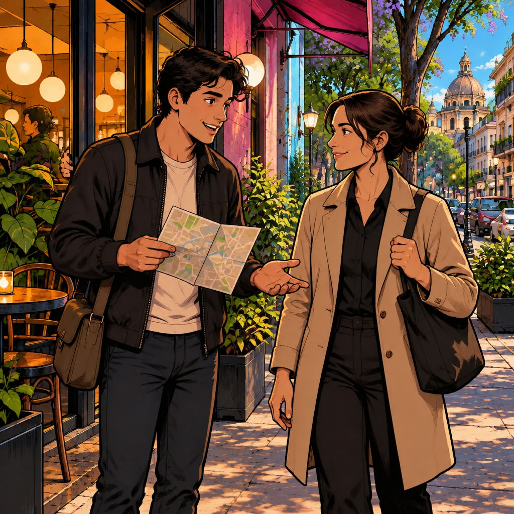 Justin faces Amanda and politely asks for help by offering her the troublesome map.