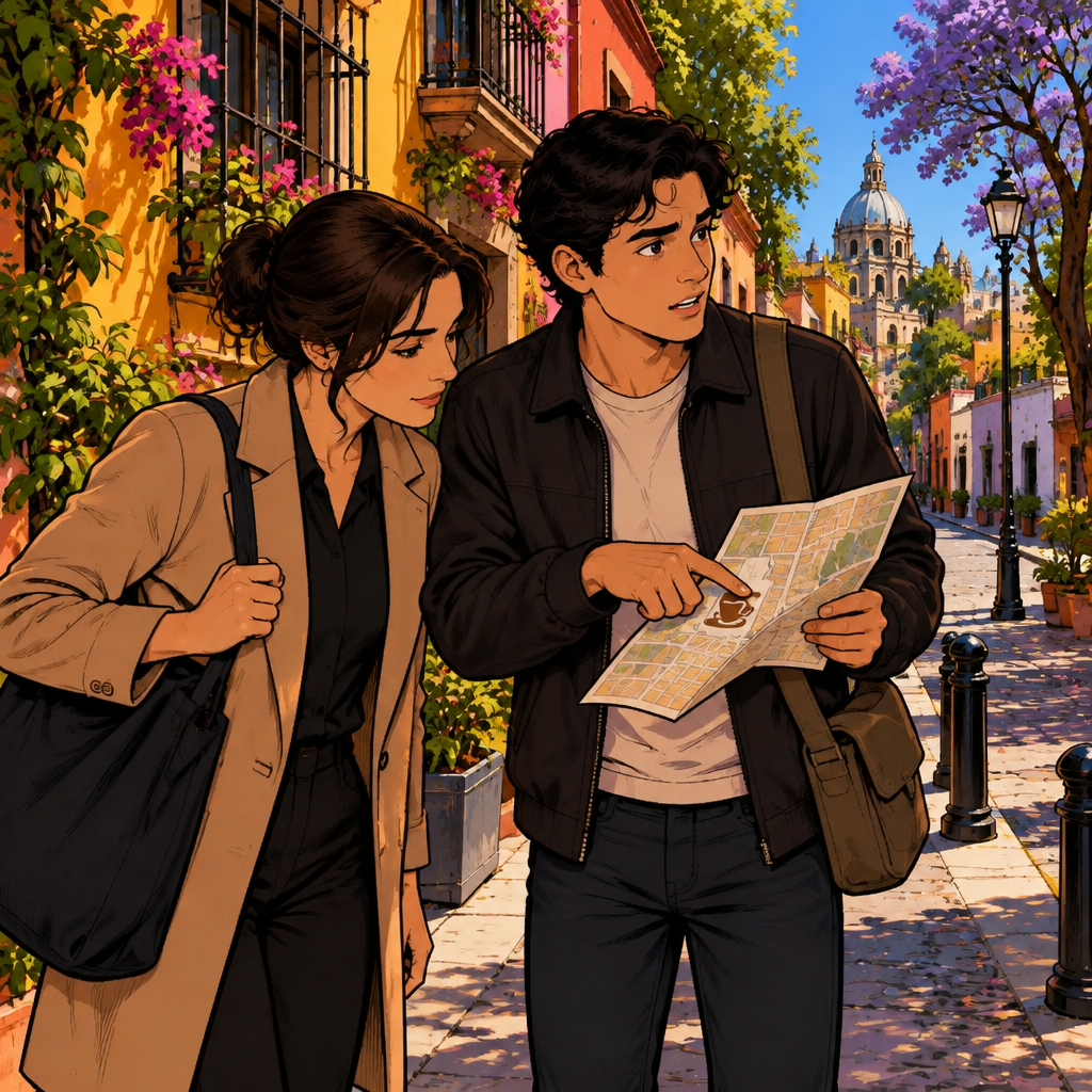 Justin searches the surrounding streets while pointing out a coffee-cup symbol on his map to Amanda.