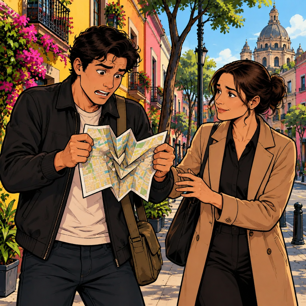 Justin struggles with the map folding shut between his hands while Amanda watches sympathetically.