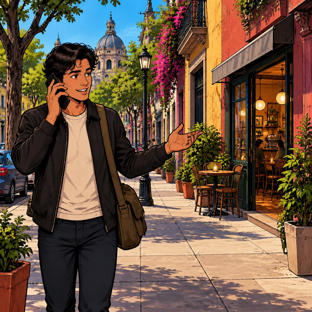 ¿El café está cerca de aquí?: Justin asks if the café is near.