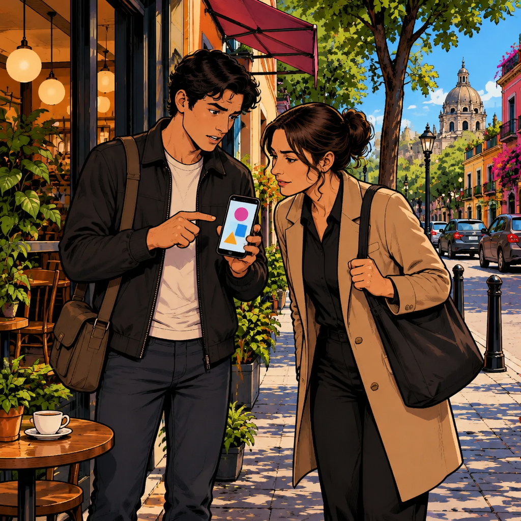 Justin studies his phone with a puzzled frown and points out that something seems wrong.