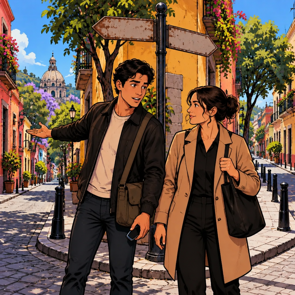Justin stands uncertainly at a street junction and gestures toward two possible directions while telling Amanda he is lost.