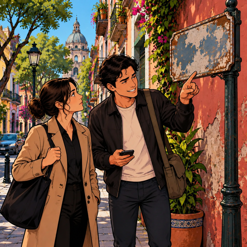 Justin squints at the faded street sign and points to its worn surface as he tells Amanda he cannot read it.