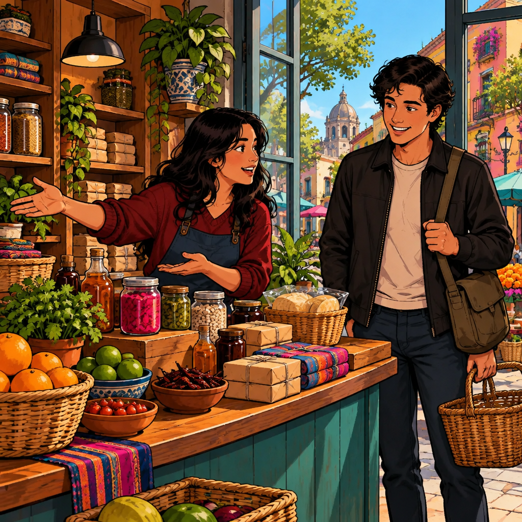 Alex gestures toward several different shop items as examples of flexible choices.