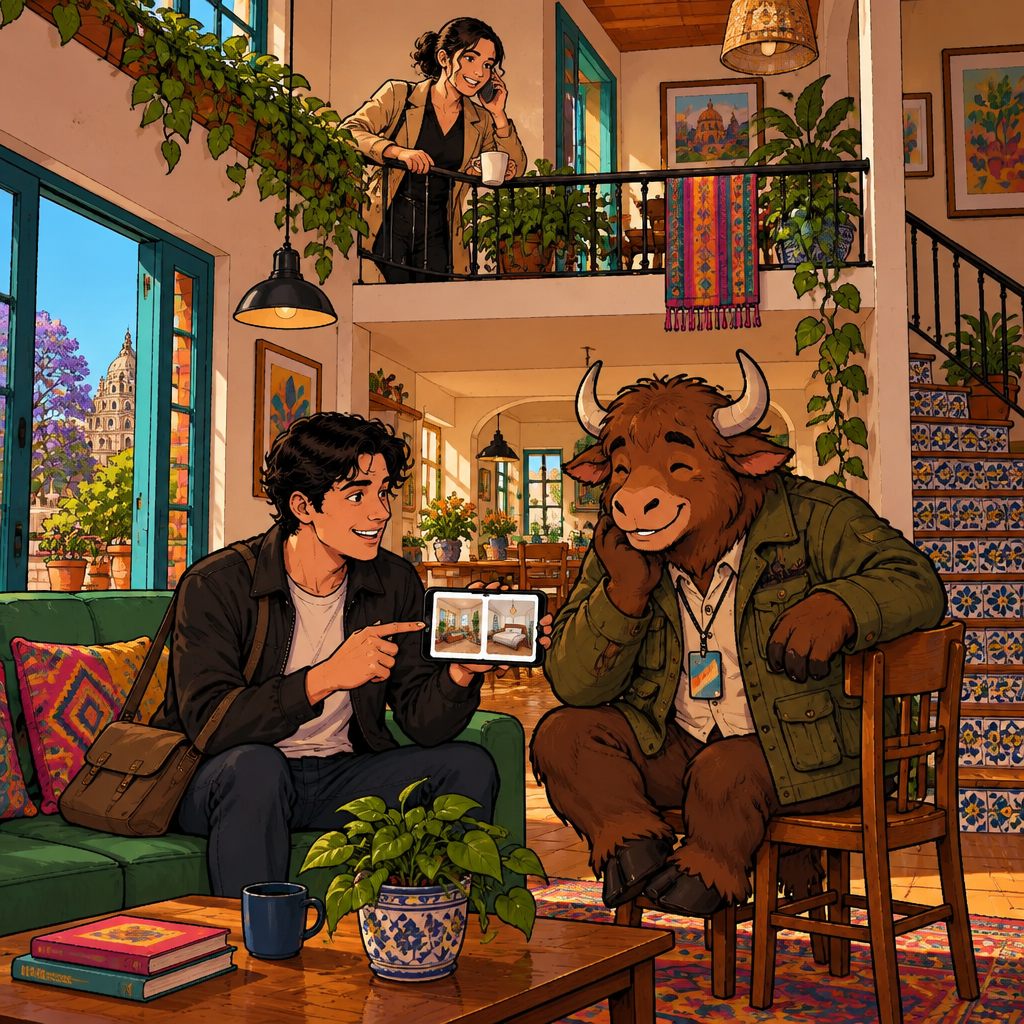 Justin on his couch with his phone showing two apartment listings while Amanda calls from upstairs with coffee in hand, comparing places.
