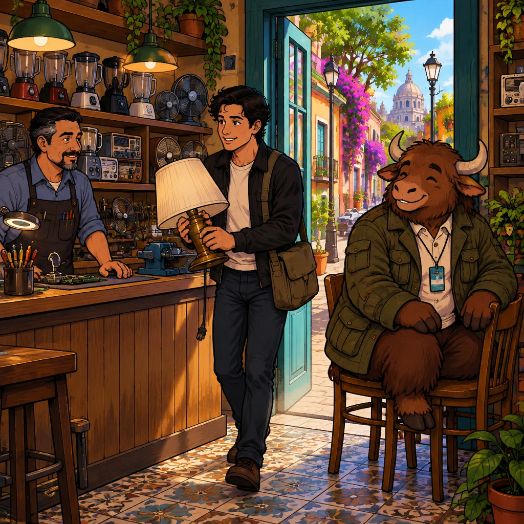 Justin carries a broken lamp into a small electronics repair shop where a repairman waits behind a counter stacked with blenders, fans, and radios.