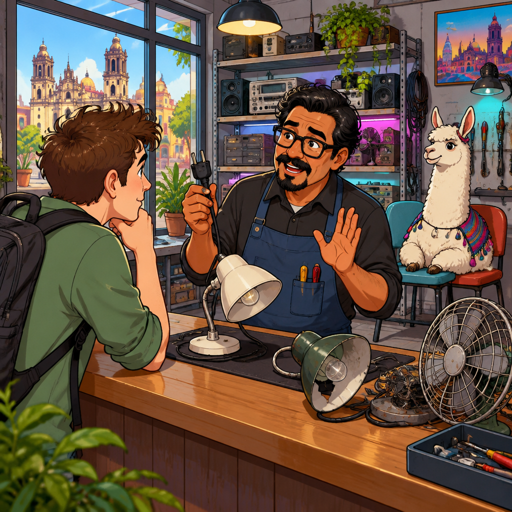 Alex holds up the lamp plug and begins to explain something to Justin across the counter.