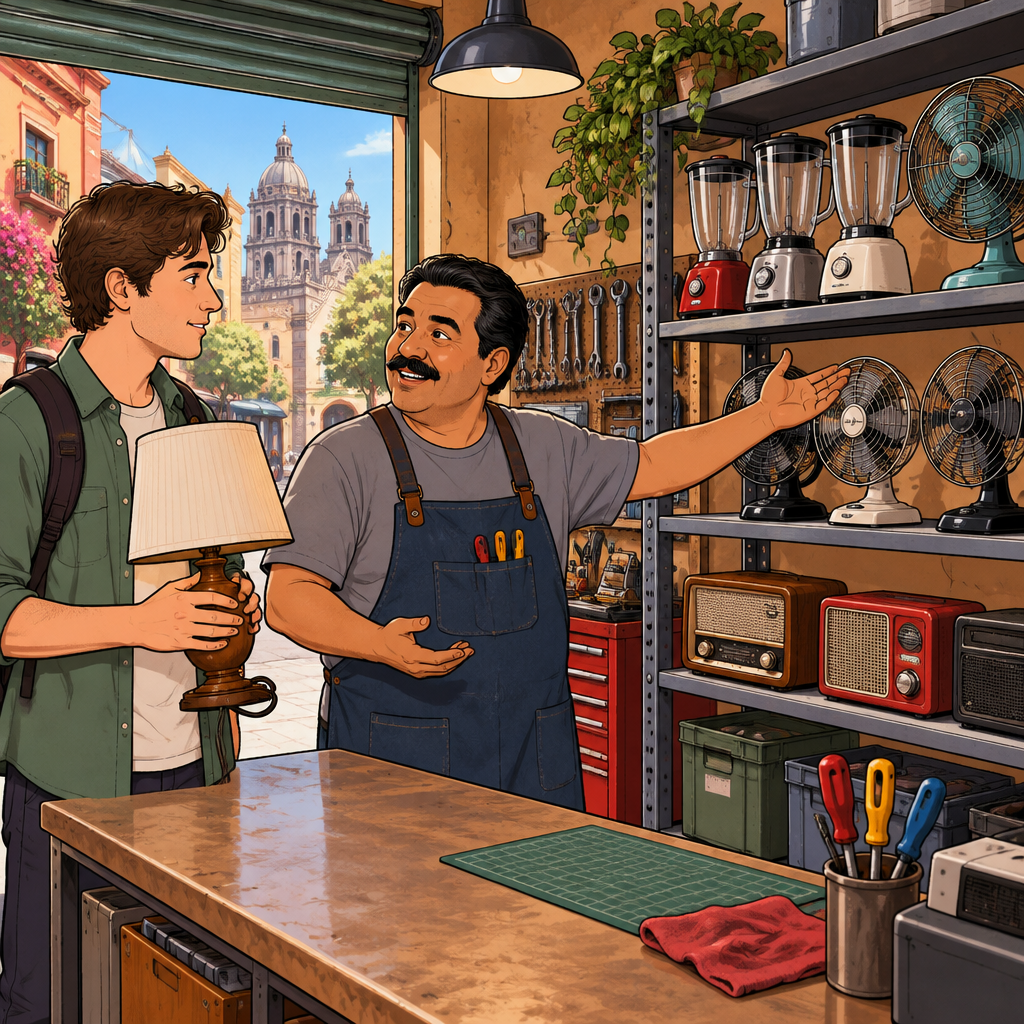 Alex gestures toward the lamp and the waiting appliances, describing it as a way of fixing them.