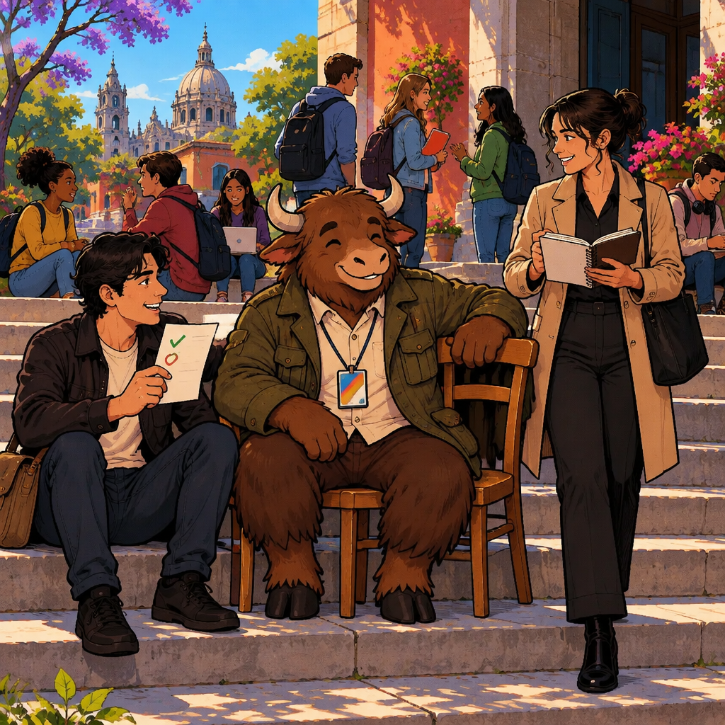 Justin and Yako sit on crowded school steps while Amanda checks her notes, with Yako guarding an extra chair beside him.