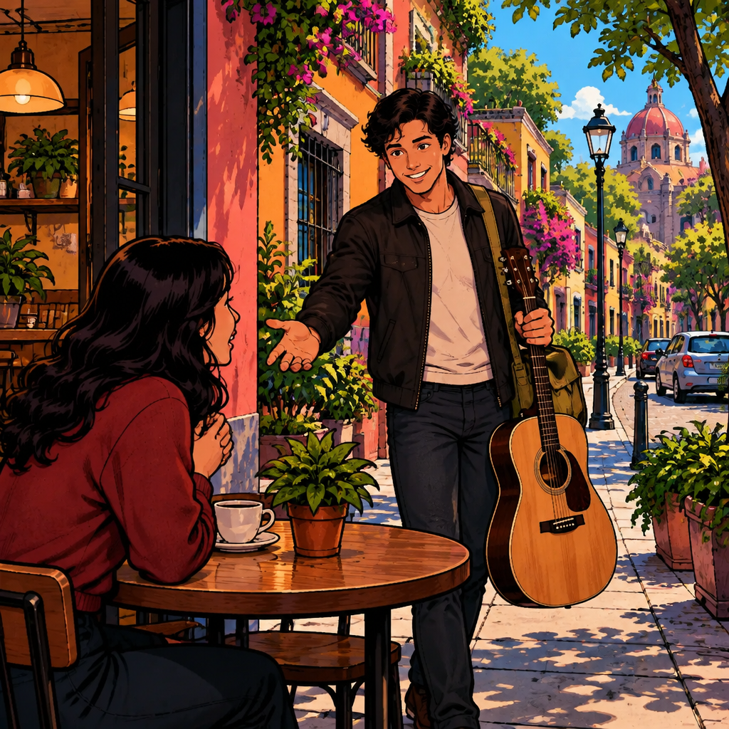 Justin invites Megan to play guitar with him by extending an open hand toward her and indicating the guitar.