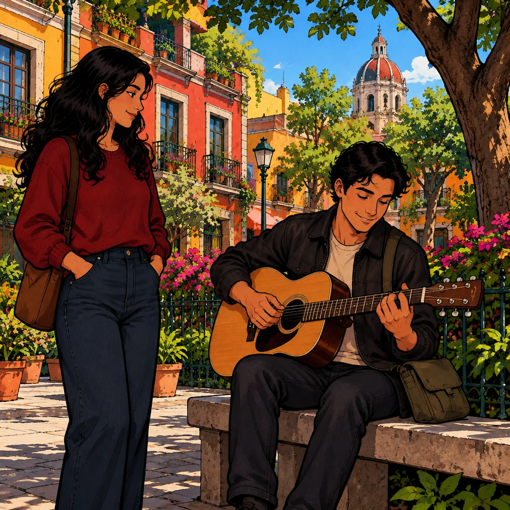 Justin relaxes while gently playing his guitar, with Megan watching calmly beside him.