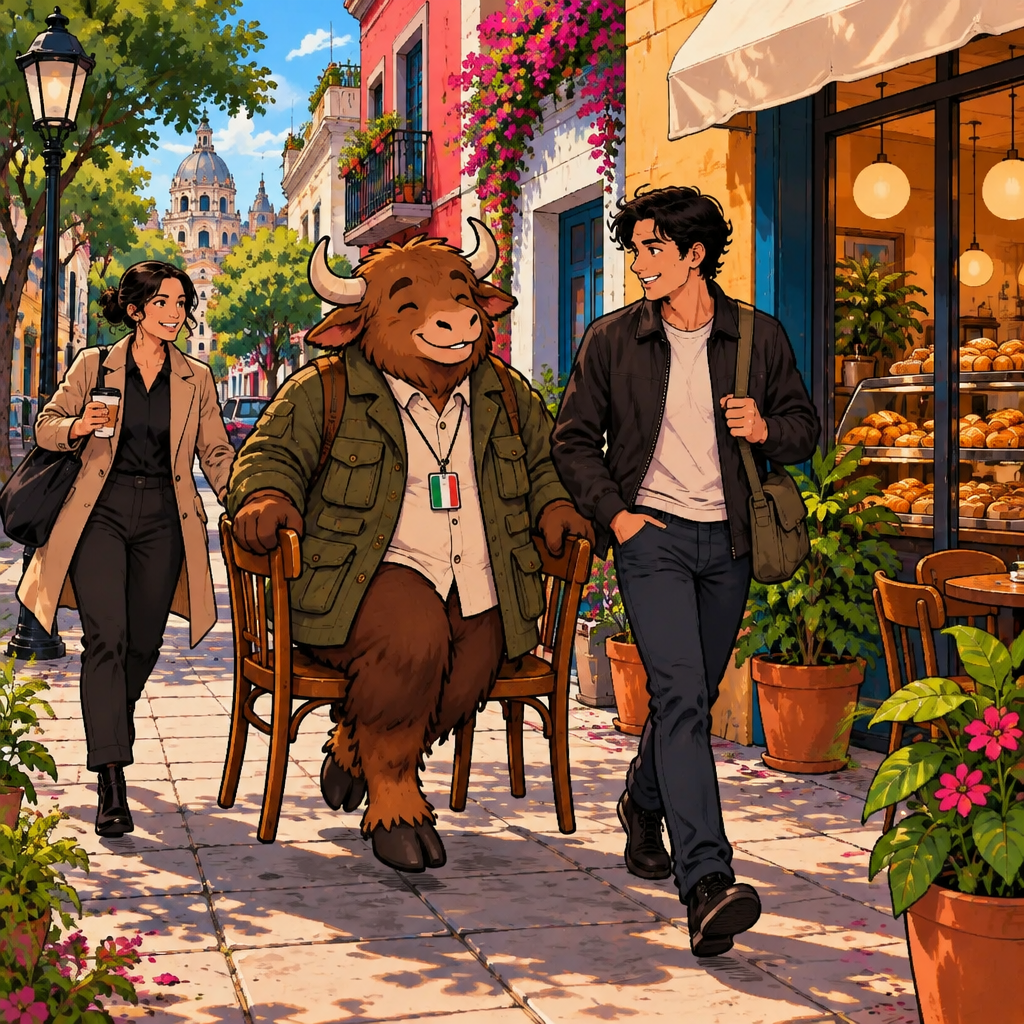 Justin walks down a sunlit El Laurel street while Yako trots beside him on two chairs and Amanda catches up at the corner holding a coffee cup.