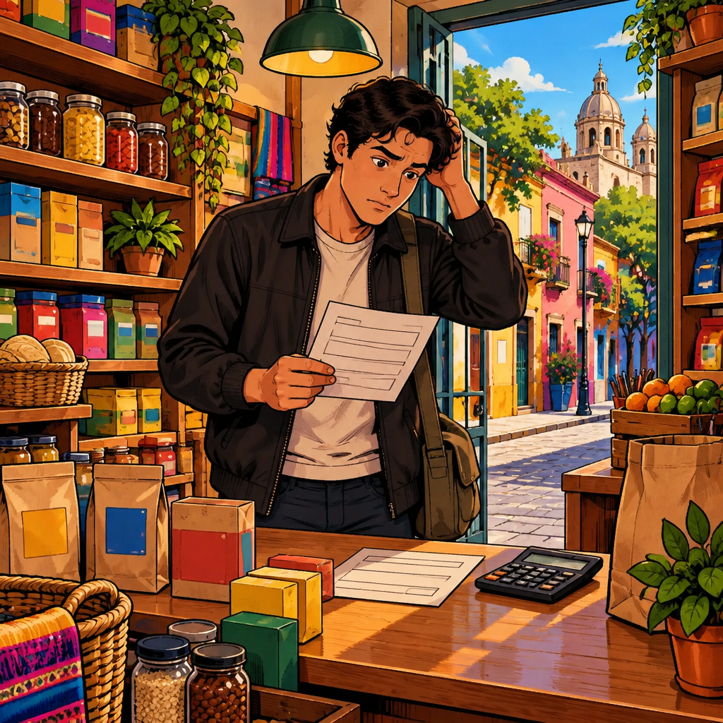 Justin is stuck at a small shop counter in colonia El Laurel, studying a confusing unfinished task among a form, calculator, and assorted product labels.