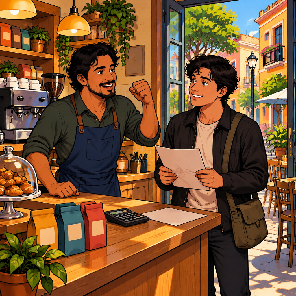 Alex encourages Justin with an upbeat raised hand while Justin looks toward him from the cluttered shop counter.