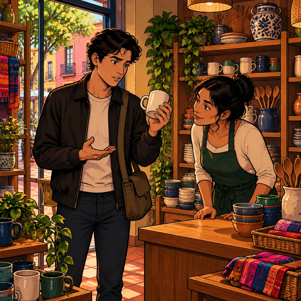 ¿Cuánto cuesta esto?: Justin holds up a small item toward the clerk, asking its price.