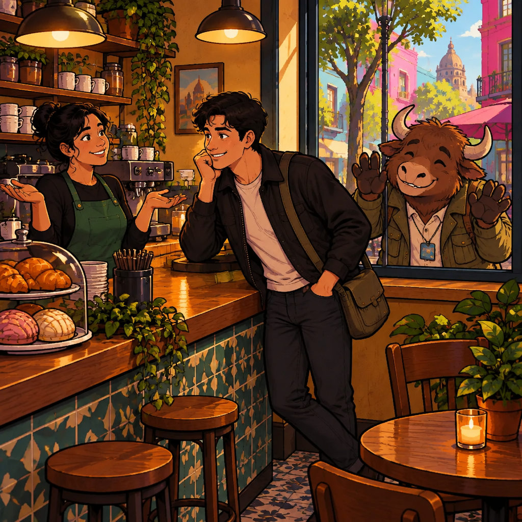 ¿Hay algún descuento?: Justin leans on the counter with a hopeful smile, asking for a discount, while Yako presses his nose to the window.