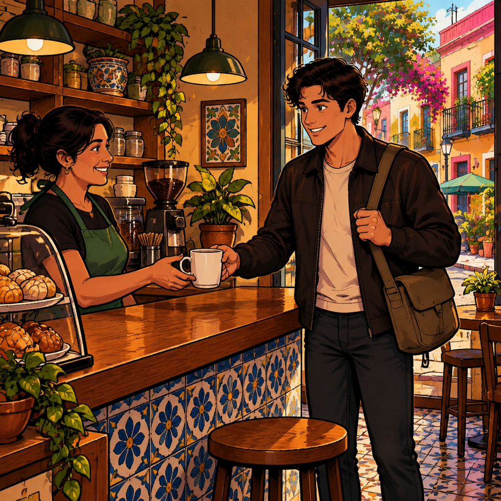 Me lo llevo: Justin happily hands the plain mug to the shop clerk to buy it.
