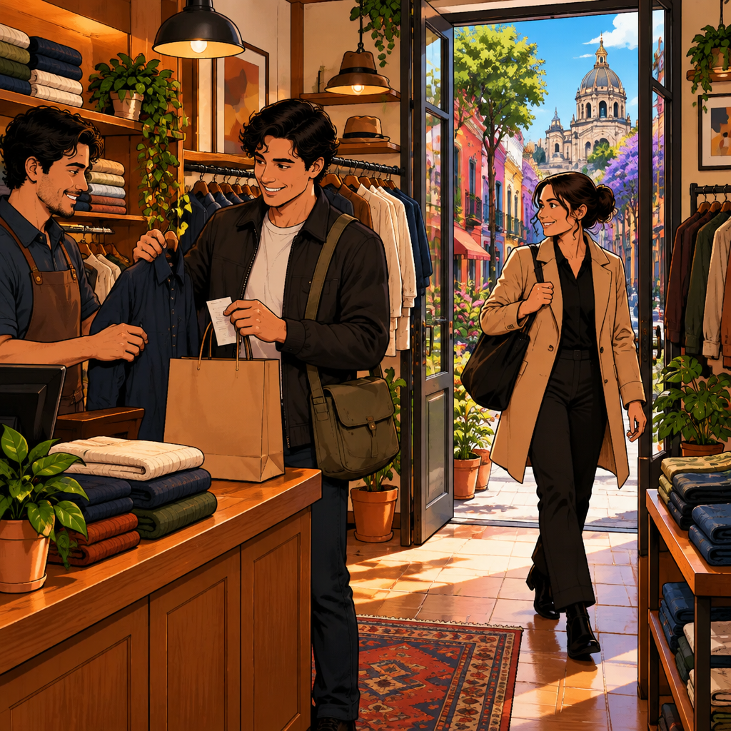 Justin returns to a neighborhood clothing shop with yesterday’s bag while a clerk helps him at the counter and Amanda heads out to work.