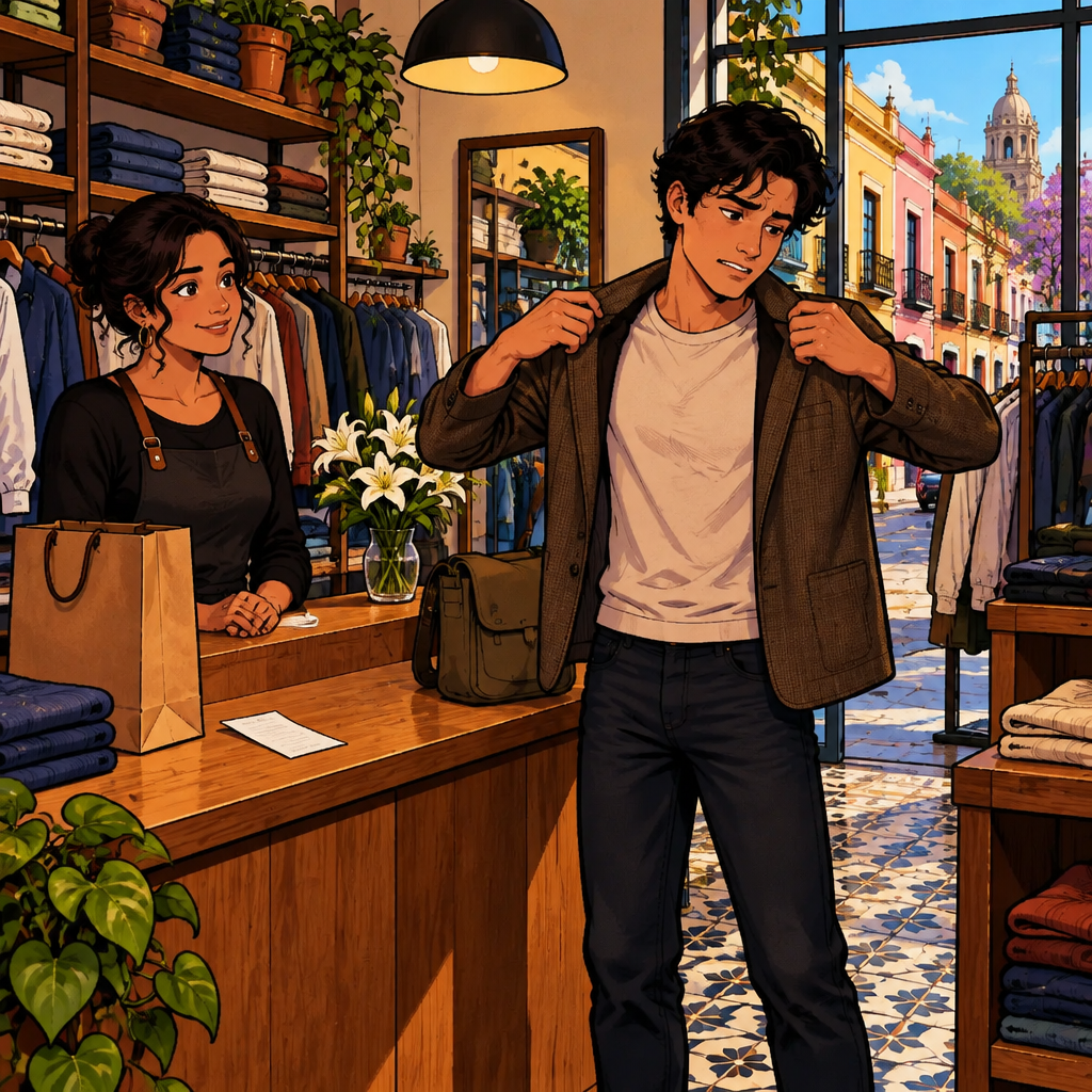 Justin tells the clerk that the garment does not fit by holding it against himself with a worried expression.
