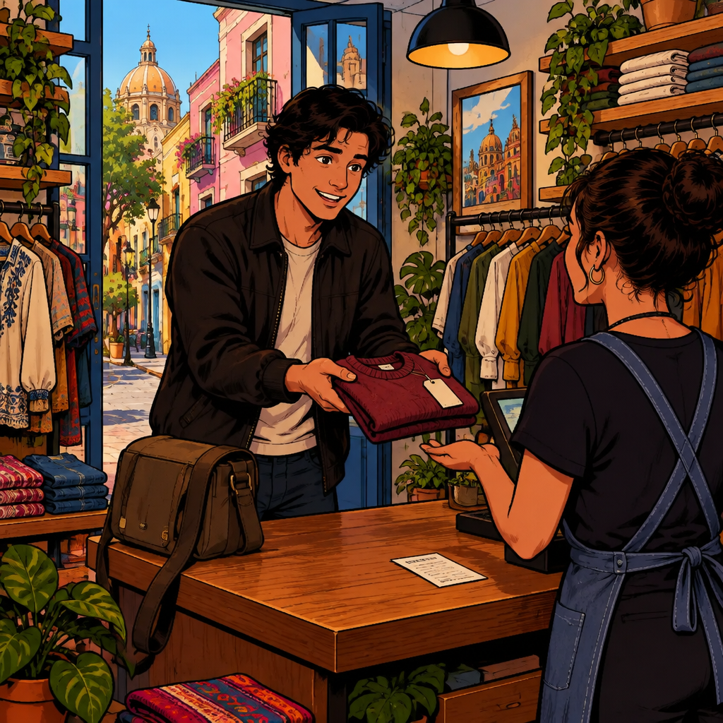 Justin asks to exchange the garment while extending it toward the clerk.