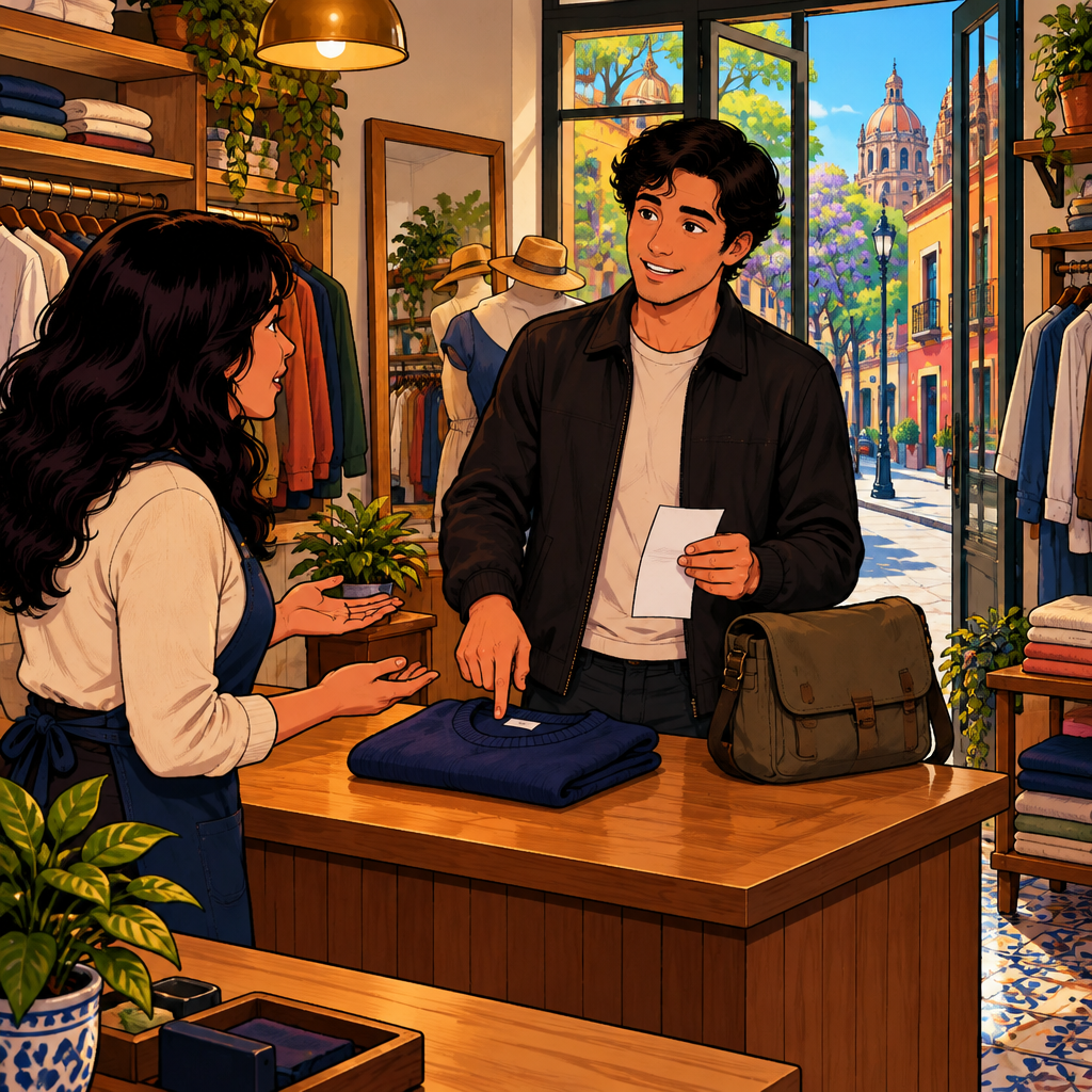 Justin asks whether he can return the item by presenting the bag and receipt at the counter.
