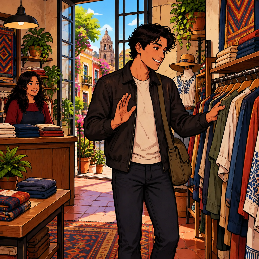 Justin politely says he is only looking while browsing a clothing rack with relaxed interest.