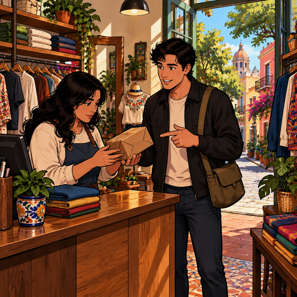 Justin asks how long delivery takes while pointing toward a small parcel prepared on the counter.