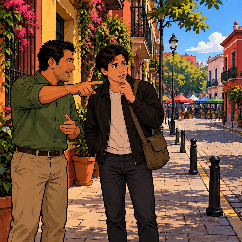 Justin follows a stranger’s pointing finger along the sidewalk while glancing toward two similar-looking corners.