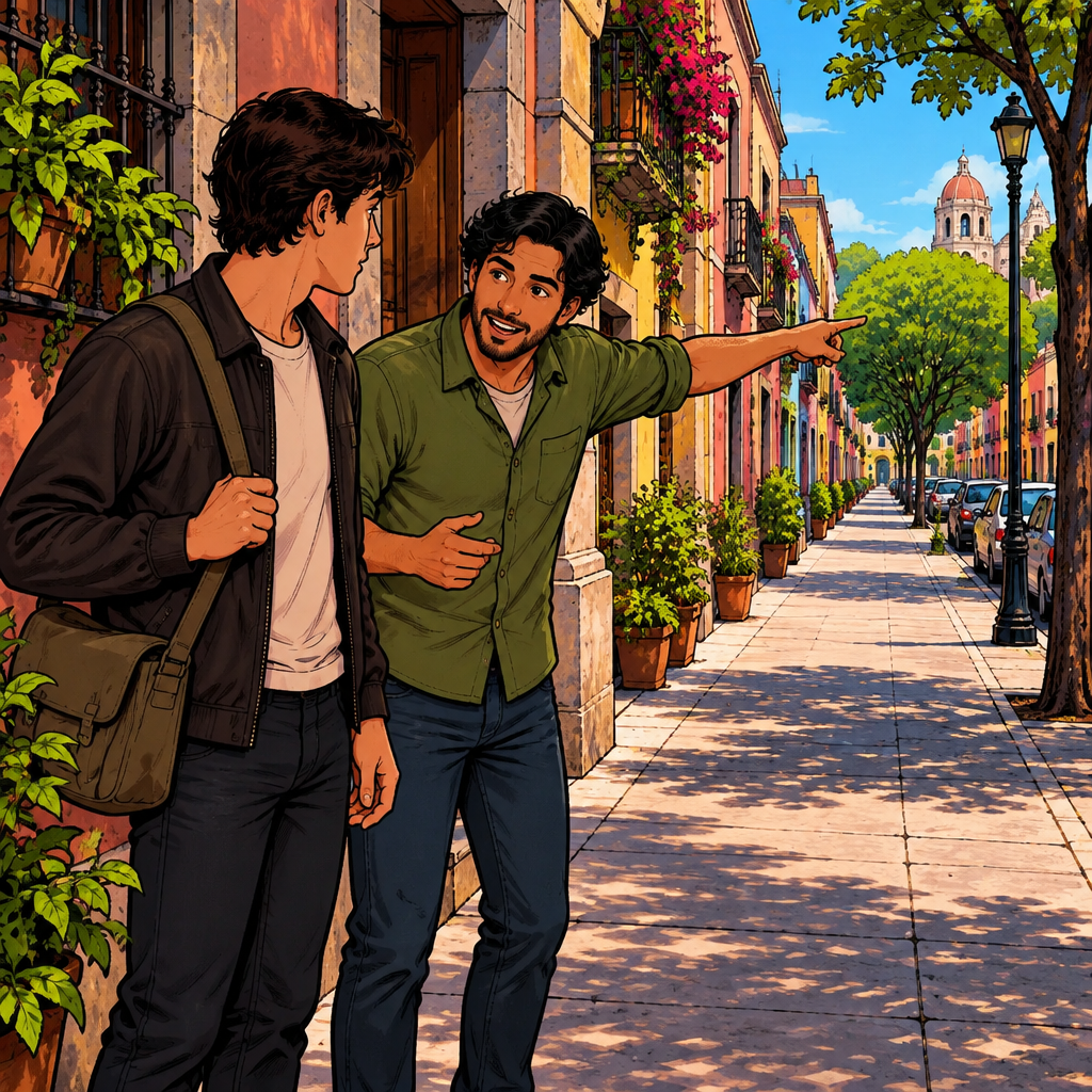 The stranger directs Justin toward a distant corner marked by a large leafy tree.