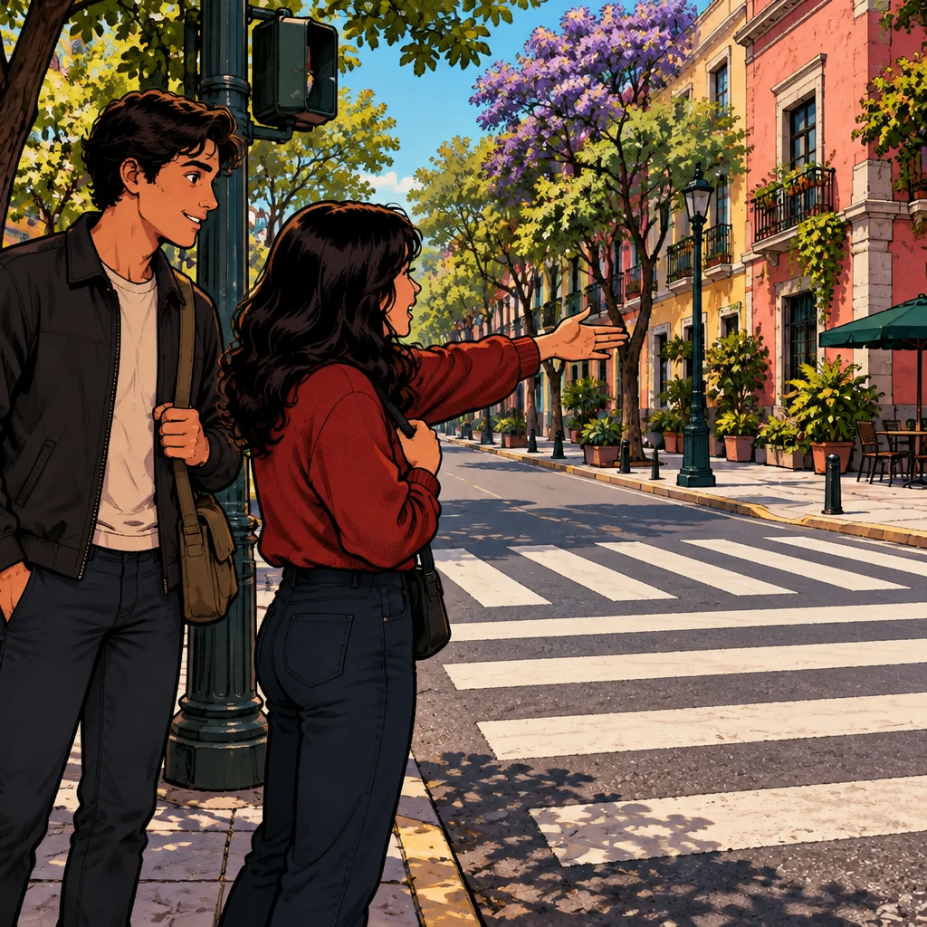 The stranger demonstrates that Justin should cross the street at the pedestrian crossing.
