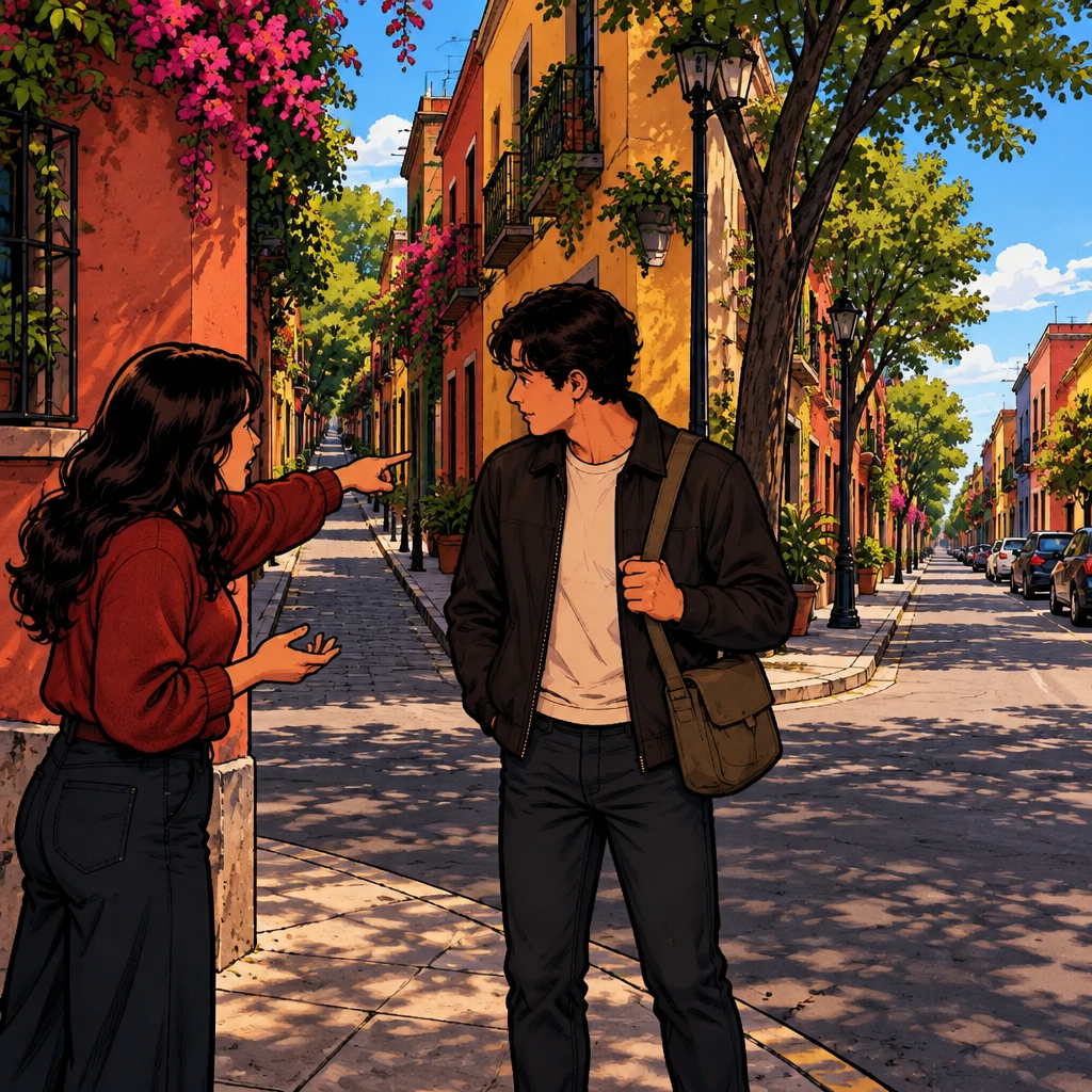 The stranger shows Justin the first side street to take, with another similar corner farther ahead.