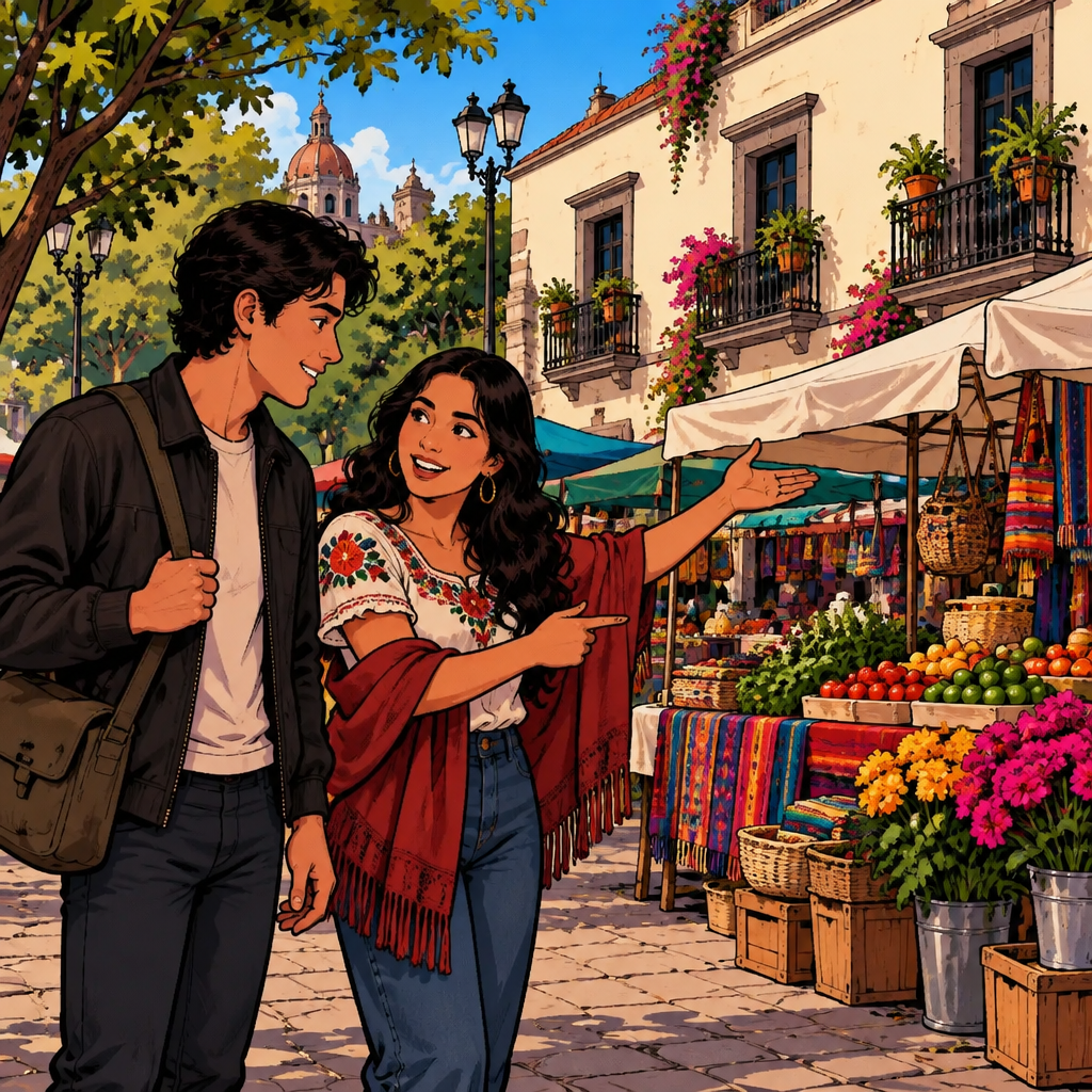 The stranger identifies the market stalls positioned in front of a low cream-colored building.