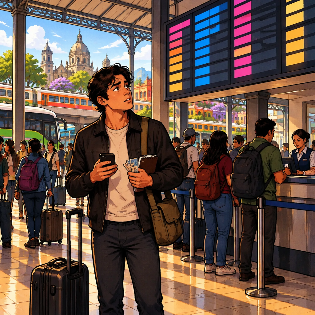 Justin arrives at a busy Mexico City bus-and-train station with a phone, pesos, and a small notebook while crowded destination boards hang above the ticket area.