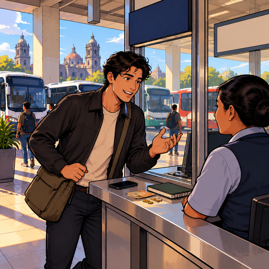 Justin raises one hand and asks a uniformed station clerk which bus goes to his destination.