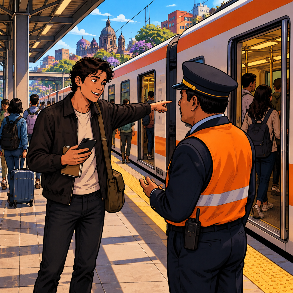 Justin points toward a waiting train while asking whether it goes to his destination.